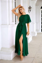 Ladies Chiffon Sleeve Crew Neck Front Slit Floor Length Bridesmaid Evening Dress Wedding Party Evening Dress 28124