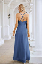 Ladies Chiffon Spaghetti Strap V Neck Front Slit Floor Length Bridesmaid Evening Dress Prom Party Wedding Evening Dress 28116
