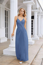 Ladies Chiffon Spaghetti Strap V Neck Front Slit Floor Length Bridesmaid Evening Dress Prom Party Wedding Evening Dress 28116
