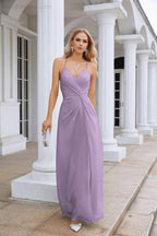 Ladies Chiffon Spaghetti Strap V Neck Front Slit Floor Length Bridesmaid Evening Dress Prom Party Wedding Evening Dress 28116