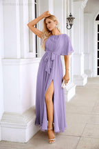 Ladies Chiffon Sleeve Crew Neck Front Slit Floor Length Bridesmaid Evening Dress Wedding Party Evening Dress 28124