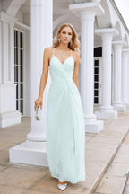 Ladies Chiffon Spaghetti Strap V Neck Front Slit Floor Length Bridesmaid Evening Dress Prom Party Wedding Evening Dress 28116