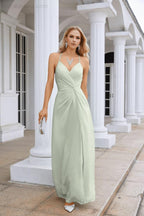 Ladies Chiffon Spaghetti Strap V Neck Front Slit Floor Length Bridesmaid Evening Dress Prom Party Wedding Evening Dress 28116