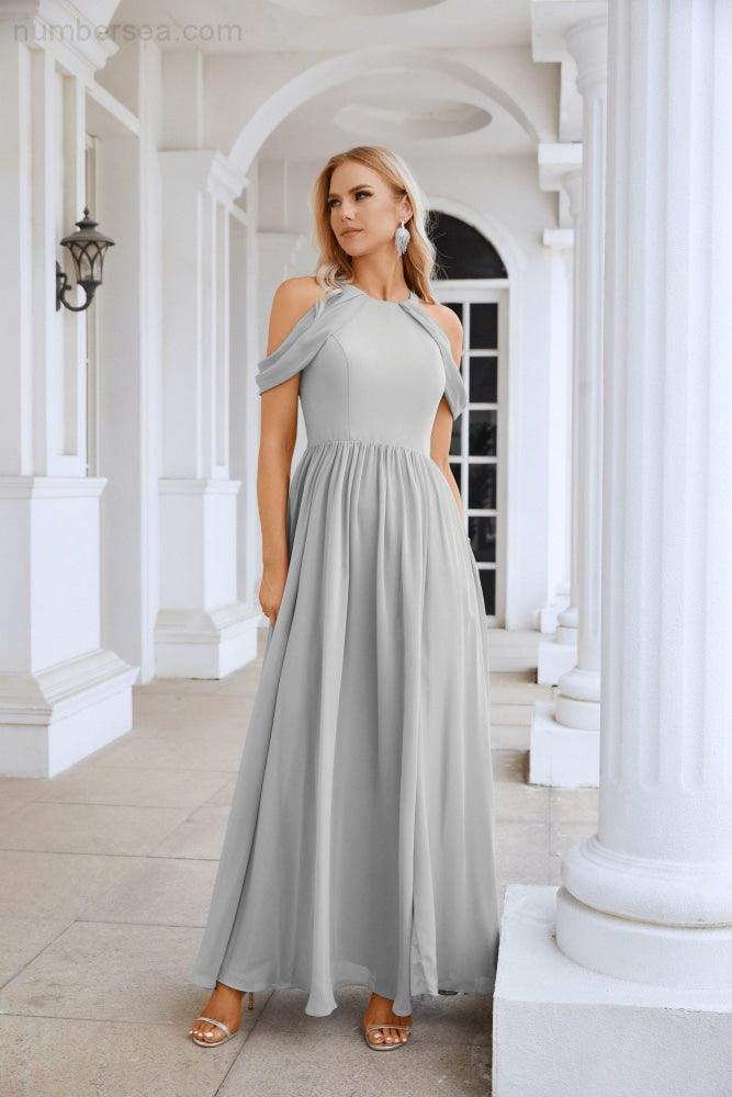 Ladies Chiffon Off Shoulder Swing Sleeve Front Slit Bridesmaid Evening Dress Wedding Party Evening Dress 28117