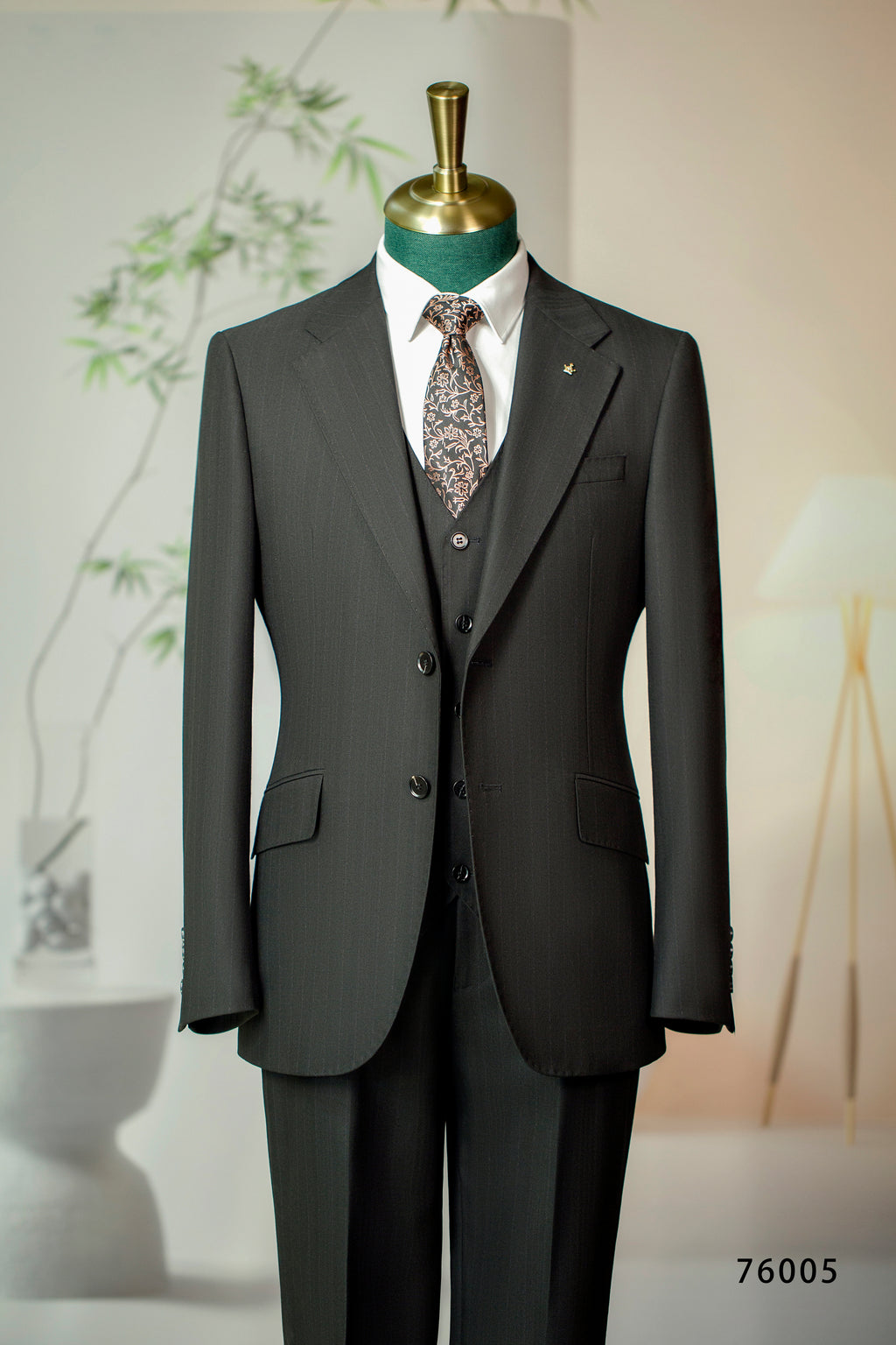 Three-Piece Subtle Pinstripe Wool Wedding Suit | Classic Tailored Formal Groom Suit