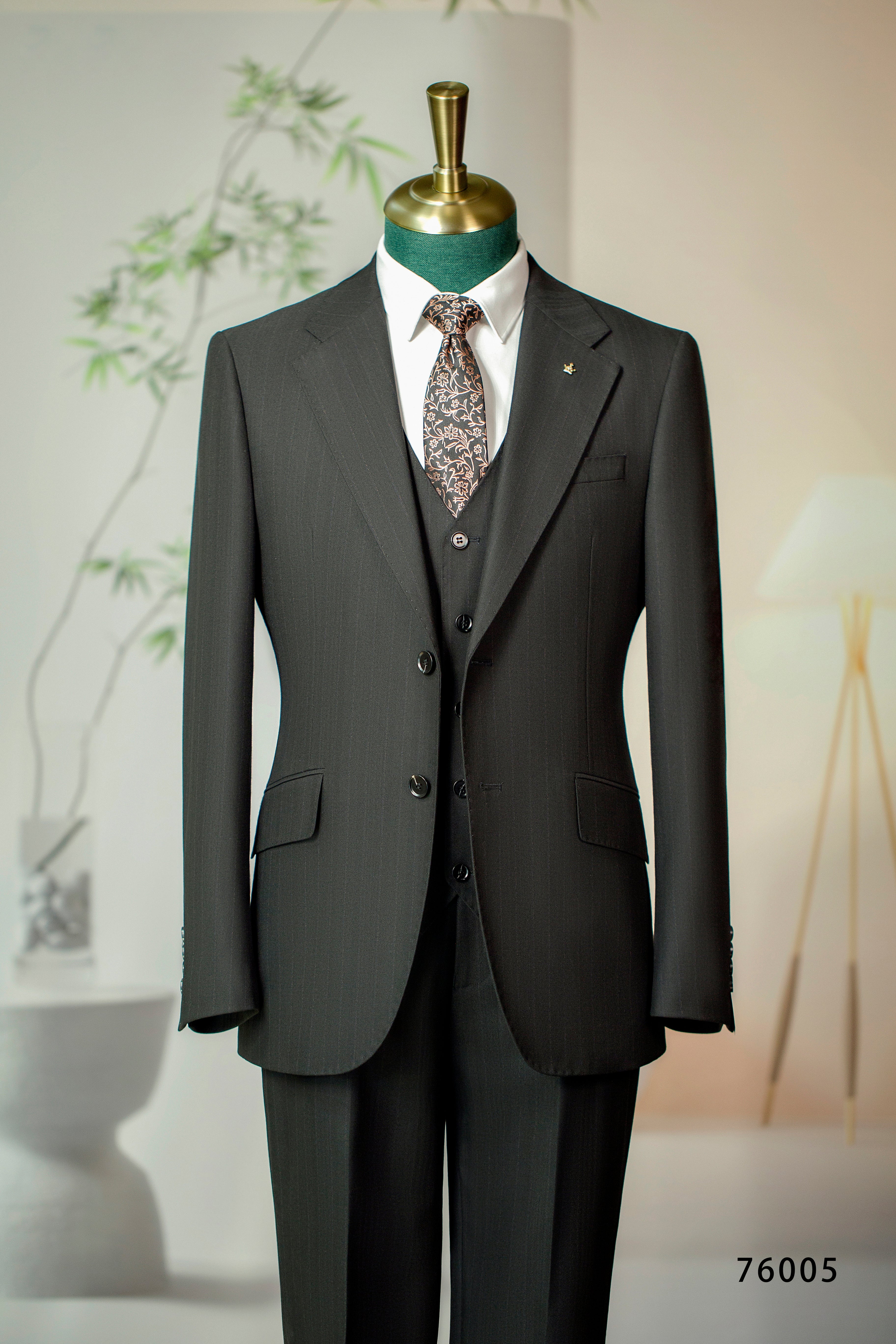 Three-Piece Subtle Pinstripe Wool Wedding Suit | Classic Tailored Formal Groom Suit