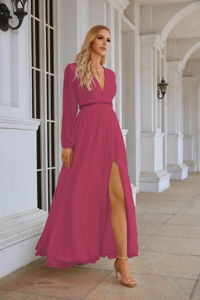 Ladies V Neck Chiffon Long Sleeve Front Slit Bridesmaid Evening Dress Wedding Party Shopping Evening Dress 28109