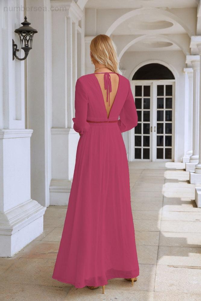 Ladies V Neck Chiffon Long Sleeve Front Slit Bridesmaid Evening Dress Wedding Party Shopping Evening Dress 28109