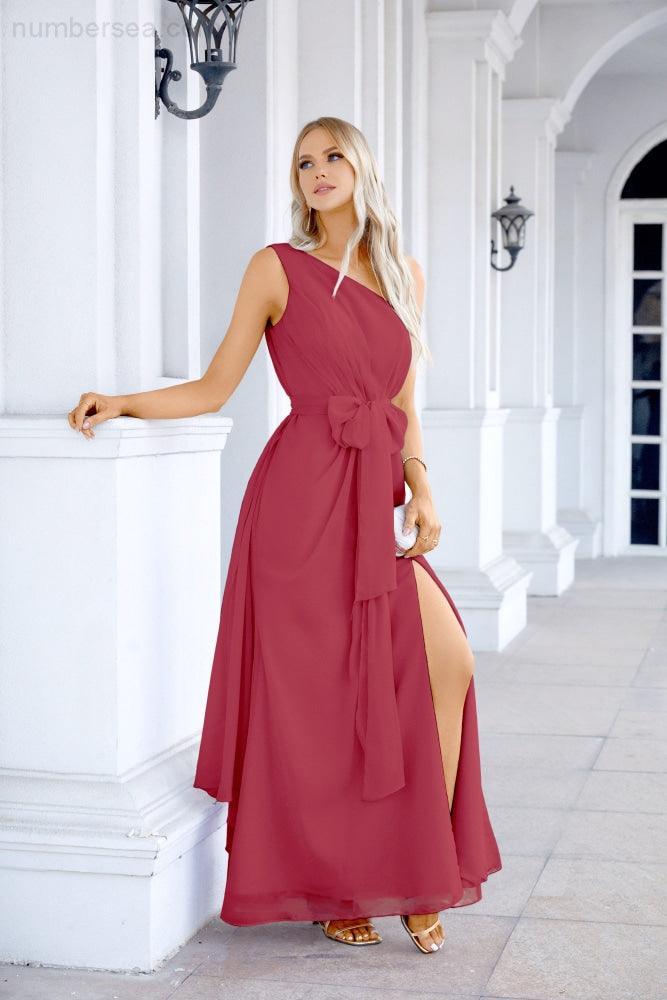 Ladies Chiffon One Shoulder Bridesmaid Evening Dress Wedding Party Evening Dress 28133