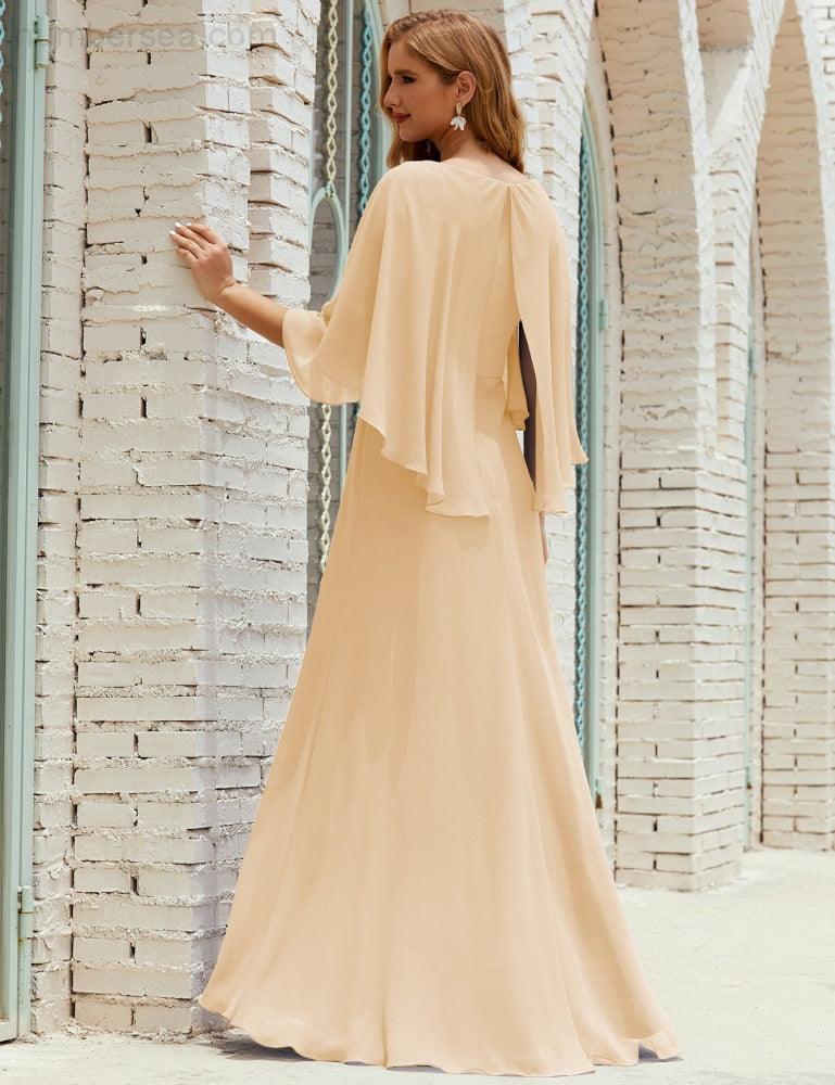 Numbersea  Bridesmaid Dress Women Long Sleeve V-Neck Chiffon Formal Wedding Party Dress 28018