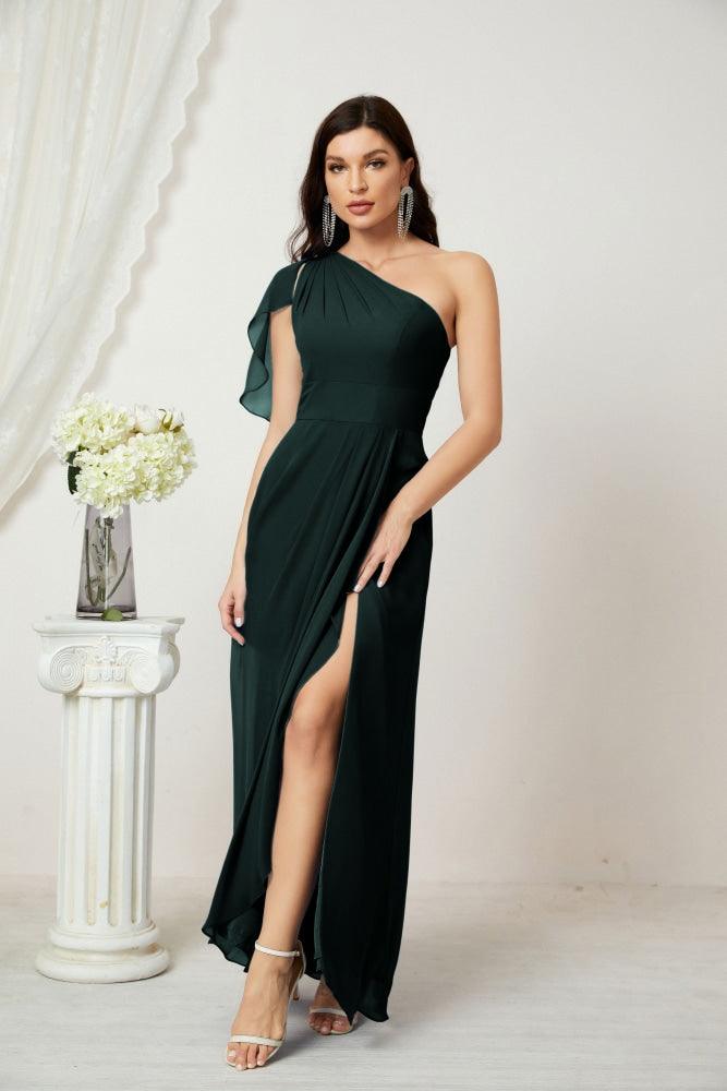 Numbersea  Chiffon Ruffled One Shoulder Long Bridesmaid Dresses A-line Formal Evening Gown Side Split 2809