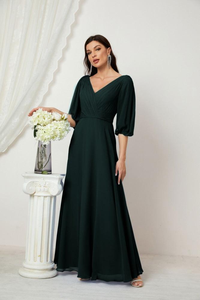 Numbersea  Formal Prom Gown Women V-Neck Chiffon Bridesmaid Dresses Long Bishop Sleeve Party Dress 2807