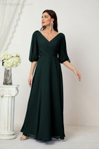 Numbersea  Formal Prom Gown Women V-Neck Chiffon Bridesmaid Dresses Long Bishop Sleeve Party Dress 2807