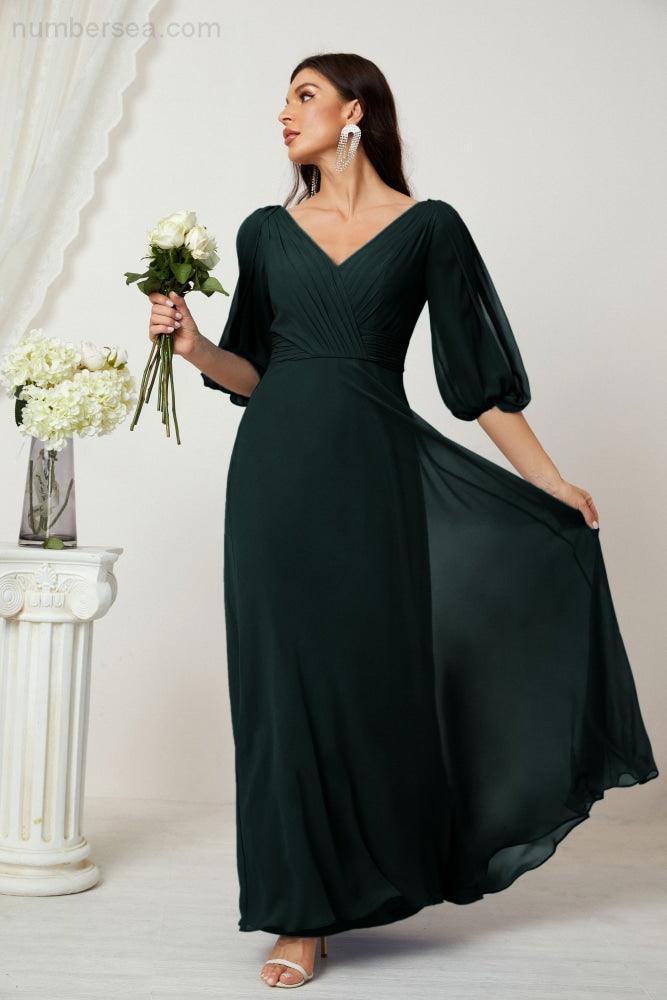 Numbersea  Formal Prom Gown Women V-Neck Chiffon Bridesmaid Dresses Long Bishop Sleeve Party Dress 2807