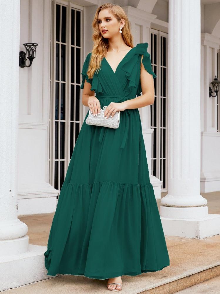 Numbersea Women's Open Back Formal Evening Party Prom Gowns V-Neck Long Chiffon Bridesmaid Dresses with Waist Belt 28038
