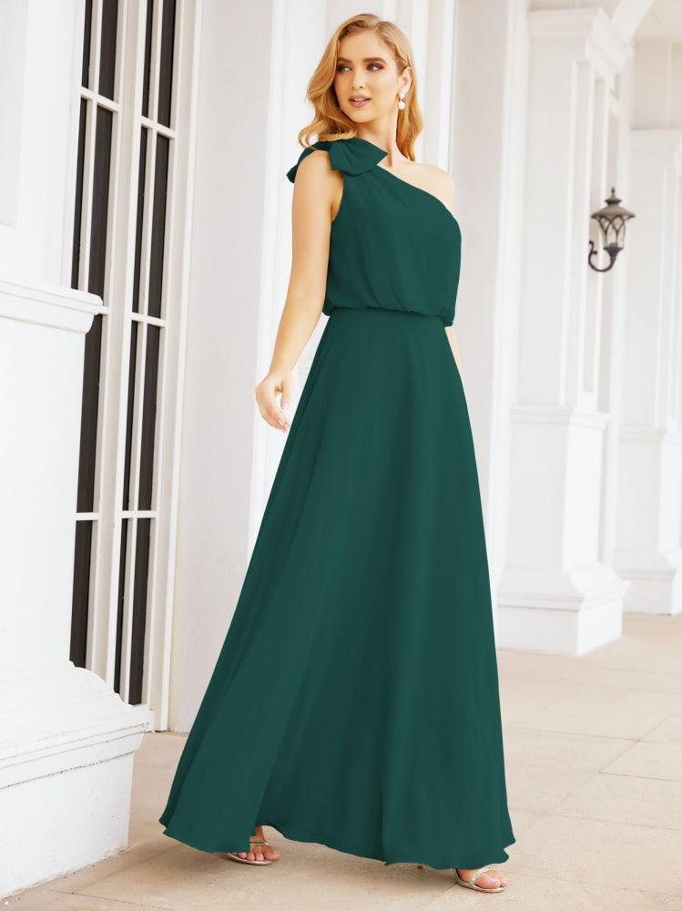 Numbersea Chiffon Ruffled One Shoulder Sleeveless Long Bride Dresses A-line Formal Evening Gown Side Split 28057