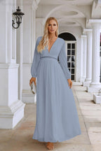 Ladies V Neck Chiffon Long Sleeve Front Slit Bridesmaid Evening Dress Wedding Party Shopping Evening Dress 28109