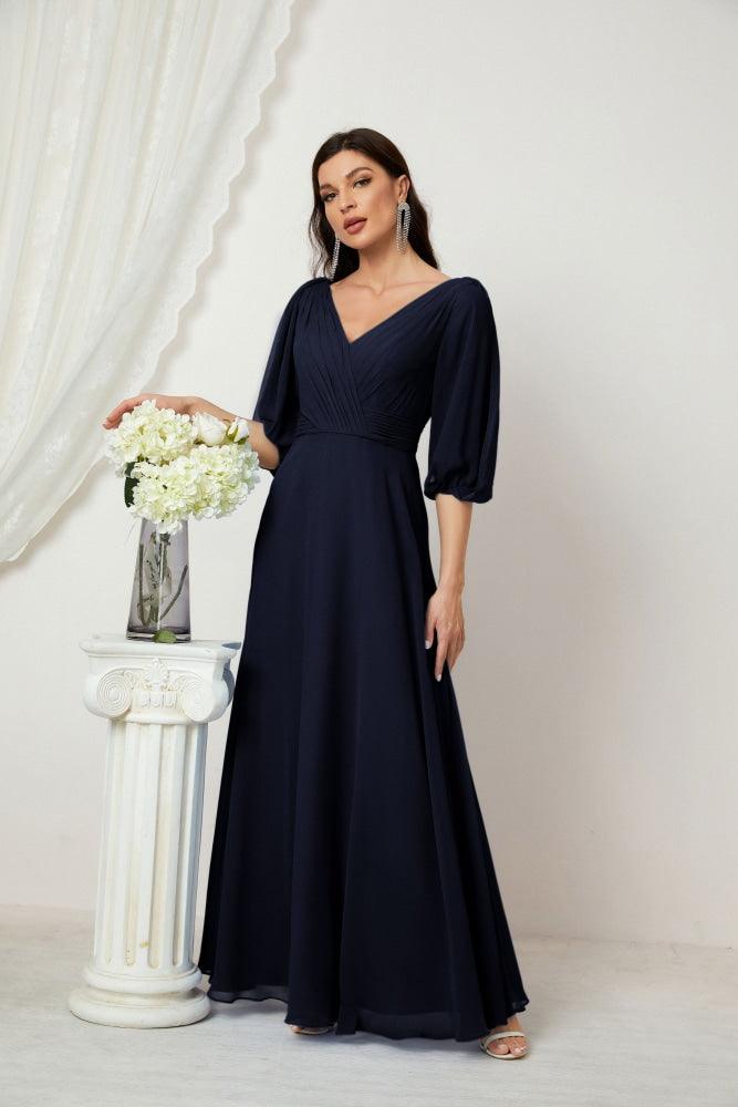 Numbersea  Formal Prom Gown Women V-Neck Chiffon Bridesmaid Dresses Long Bishop Sleeve Party Dress 2807