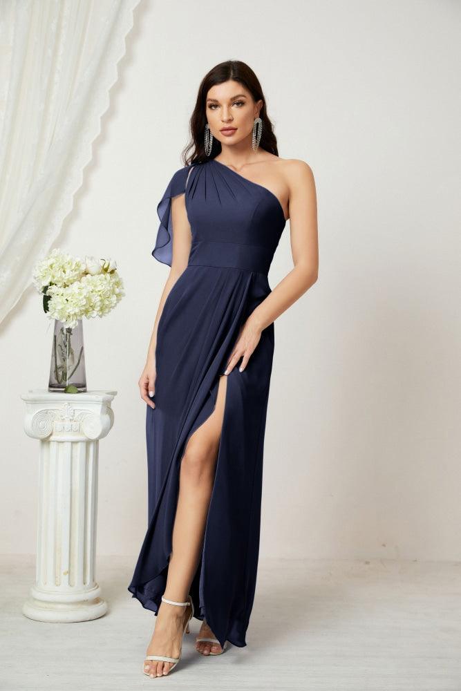 Numbersea  Chiffon Ruffled One Shoulder Long Bridesmaid Dresses A-line Formal Evening Gown Side Split 2809