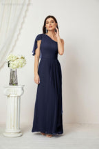 Numbersea  Chiffon Ruffled One Shoulder Long Bridesmaid Dresses A-line Formal Evening Gown Side Split 2809