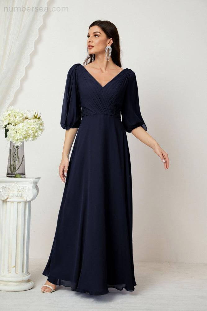 Numbersea  Formal Prom Gown Women V-Neck Chiffon Bridesmaid Dresses Long Bishop Sleeve Party Dress 2807