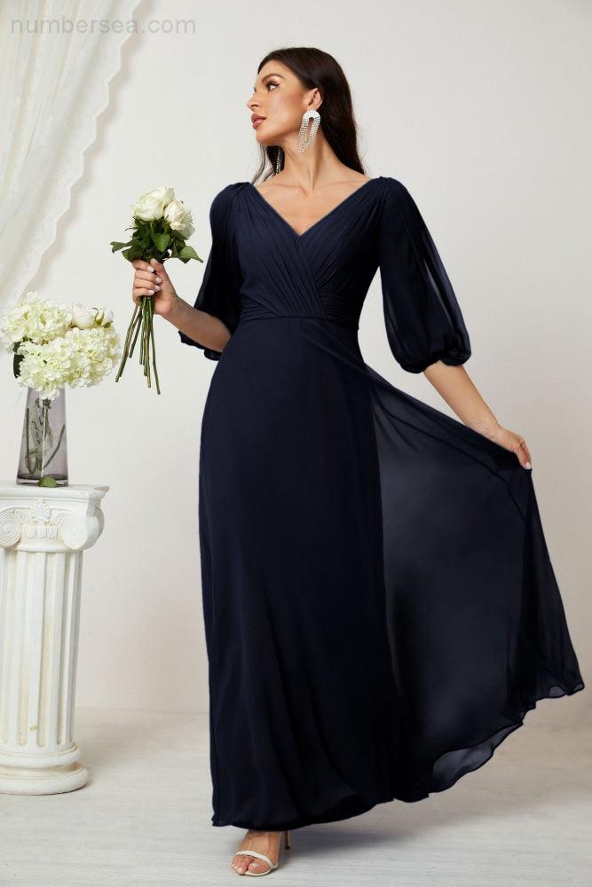 Numbersea  Formal Prom Gown Women V-Neck Chiffon Bridesmaid Dresses Long Bishop Sleeve Party Dress 2807