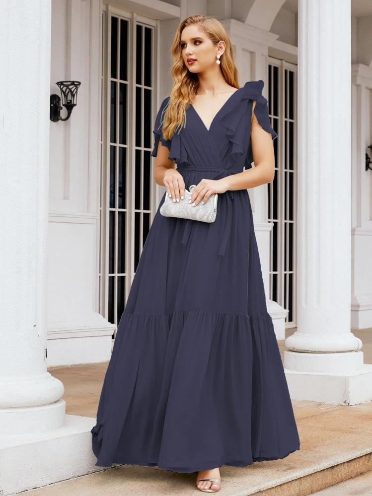 Numbersea Women's Open Back Formal Evening Party Prom Gowns V-Neck Long Chiffon Bridesmaid Dresses with Waist Belt 28038