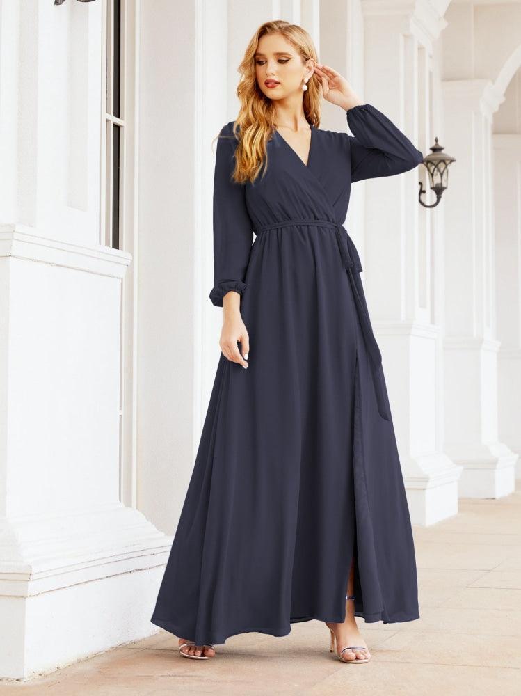 Numbersea Women's Chiffon Bridesmaid Dress A line Long Sleeves Formal Evening Prom Gown for Wedding Guest 28032