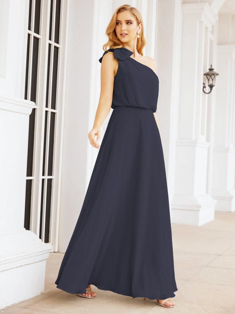 Numbersea Chiffon Ruffled One Shoulder Sleeveless Long Bride Dresses A-line Formal Evening Gown Side Split 28057