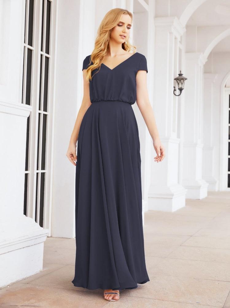 Numbersea V-Neck Bridesmaid Dresses Long Cap Sleeves Prom Evening Formal Gowns 28071