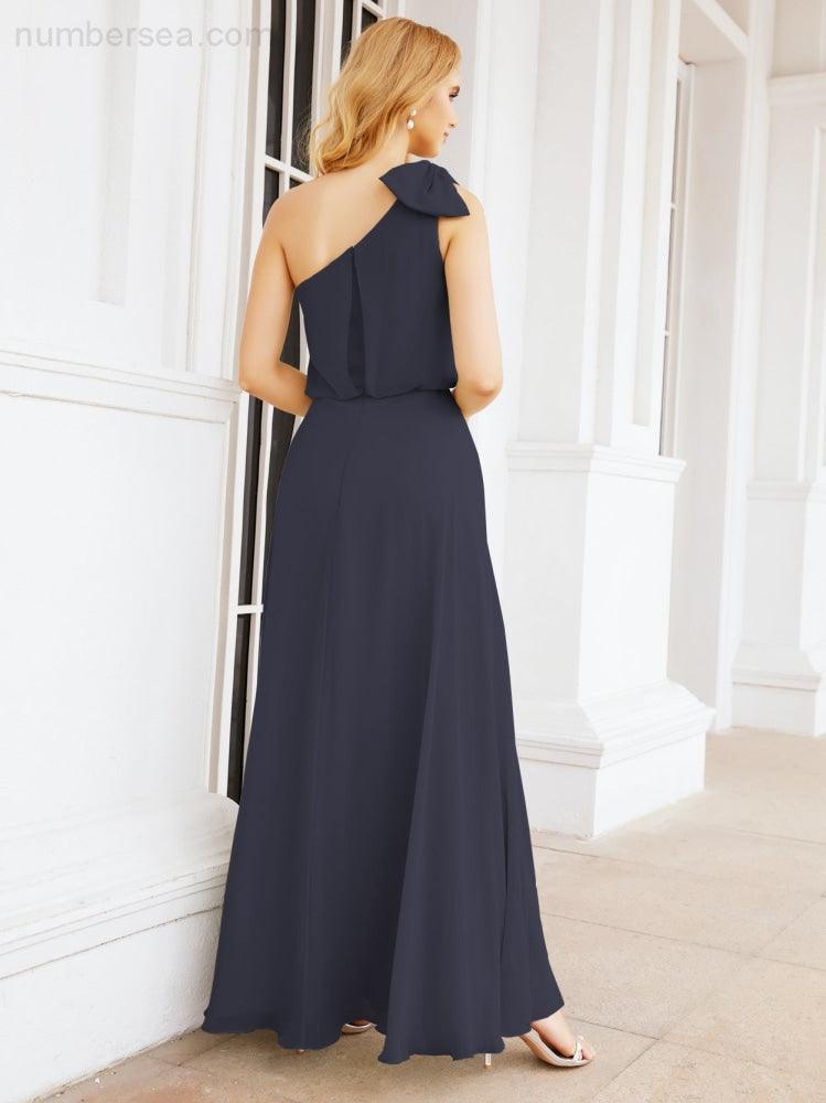 Numbersea Chiffon Ruffled One Shoulder Sleeveless Long Bride Dresses A-line Formal Evening Gown Side Split 28057