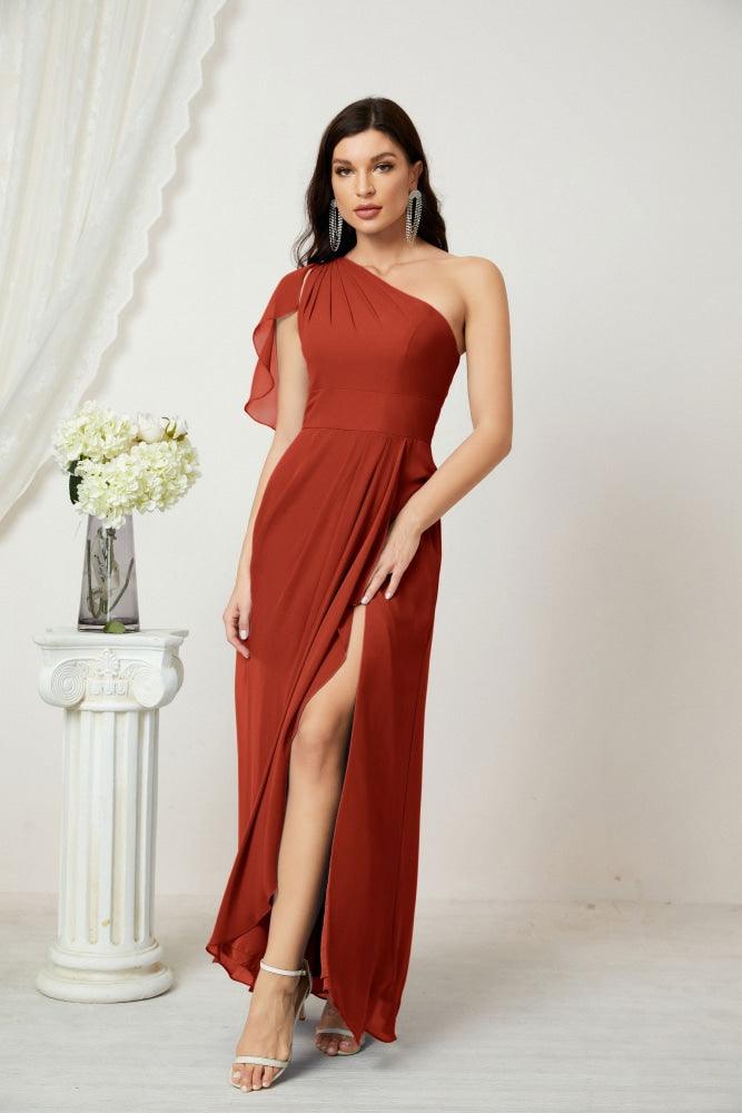 Numbersea  Chiffon Ruffled One Shoulder Long Bridesmaid Dresses A-line Formal Evening Gown Side Split 2809