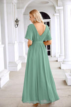 Ladies Chiffon Sleeve Crew Neck Front Slit Floor Length Bridesmaid Evening Dress Wedding Party Evening Dress 28124