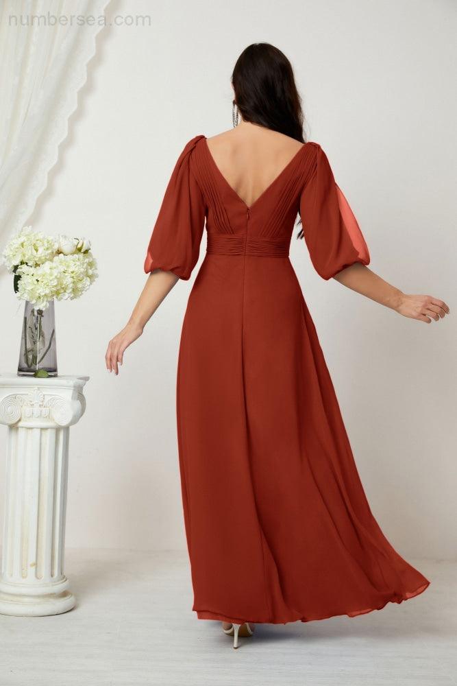 Numbersea  Formal Prom Gown Women V-Neck Chiffon Bridesmaid Dresses Long Bishop Sleeve Party Dress 2807