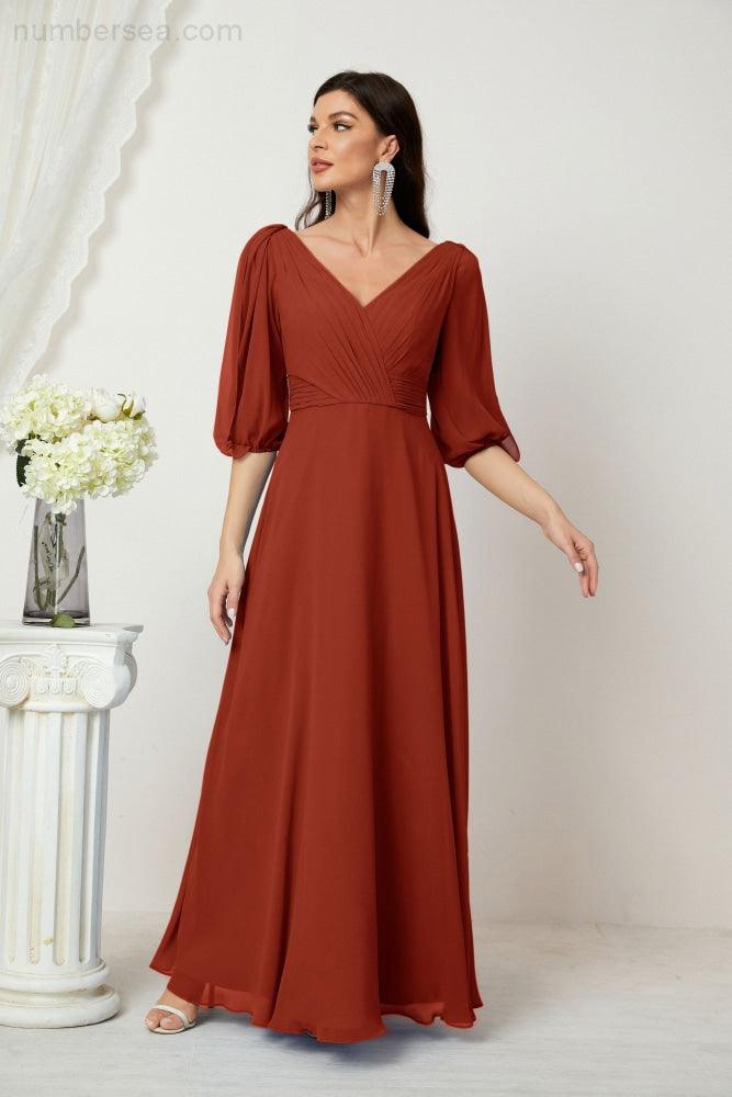 Numbersea  Formal Prom Gown Women V-Neck Chiffon Bridesmaid Dresses Long Bishop Sleeve Party Dress 2807