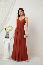 Numbersea Chiffon V-Neck Bridesmaid Dress Spaghetti Strap Long Formal Party Prom Gowns with Slit 28010
