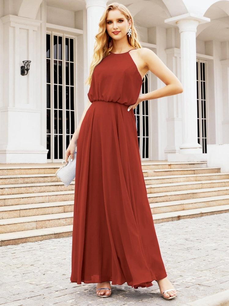 Numbersea  Halter Long Bridesmaid Dresses Formal A line Juniors Dress 28029