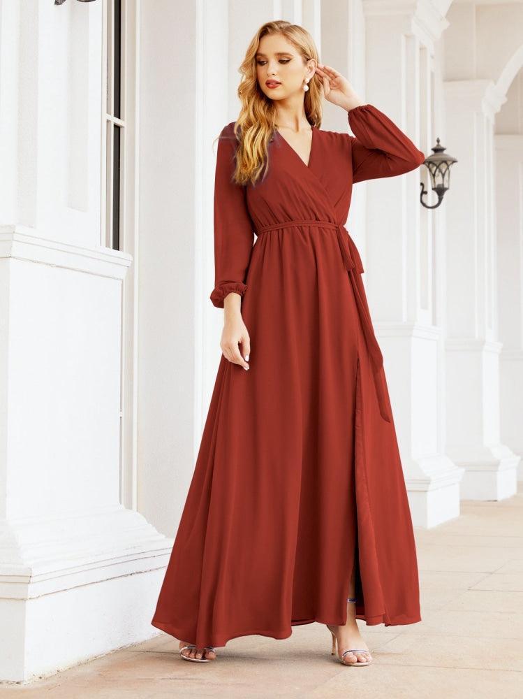 Numbersea Women's Chiffon Bridesmaid Dress A line Long Sleeves Formal Evening Prom Gown for Wedding Guest 28032