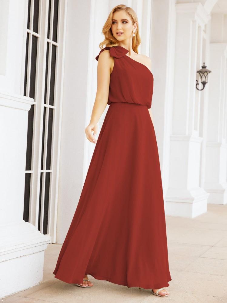 Numbersea Chiffon Ruffled One Shoulder Sleeveless Long Bride Dresses A-line Formal Evening Gown Side Split 28057