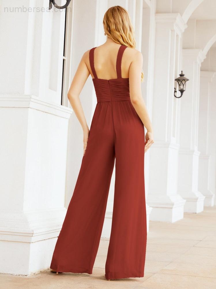 Numbersea Crisscross Neck Jumpsuit Formal Evening Dress Long Bridesmaid Dresses Bell-bottomed Pants 28033