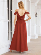 Numbersea Off The Shoulder Chiffon Bridesmaid Dress Long Formal Graduation Gown with Cowl Back 28069