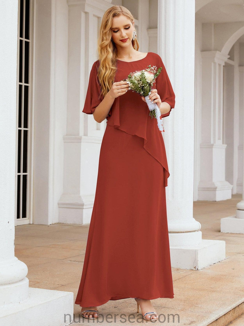 Numbersea Formal Party Gown Dress Long Mother of The Bride Dresses with Ruffle Cape 28026