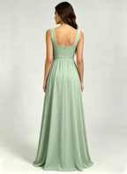 Square Neck Ruched Bridesmaid Dresses with Slit Spaghetti Strasps Ruffles  Formal Gown