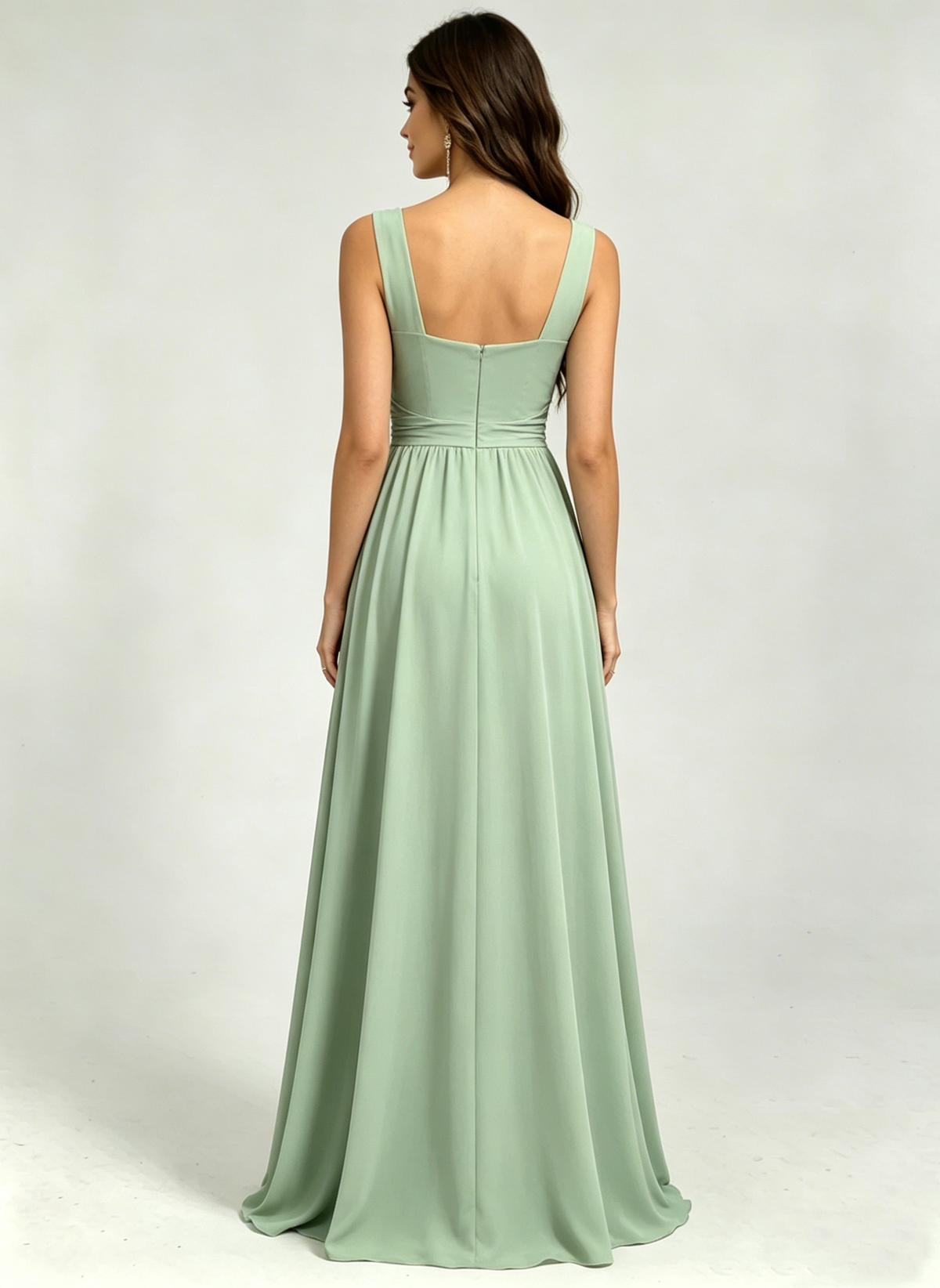 Square Neck Ruched Bridesmaid Dresses with Slit Spaghetti Strasps Ruffles  Formal Gown