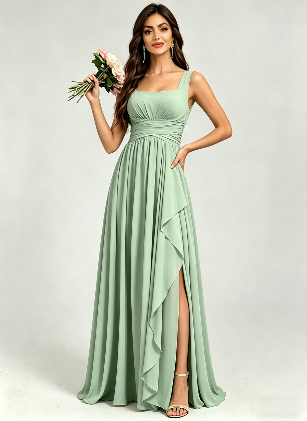 Square Neck Ruched Bridesmaid Dresses with Slit Spaghetti Strasps Ruffles  Formal Gown
