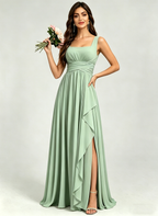 Square Neck Ruched Bridesmaid Dresses with Slit Spaghetti Strasps Ruffles  Formal Gown
