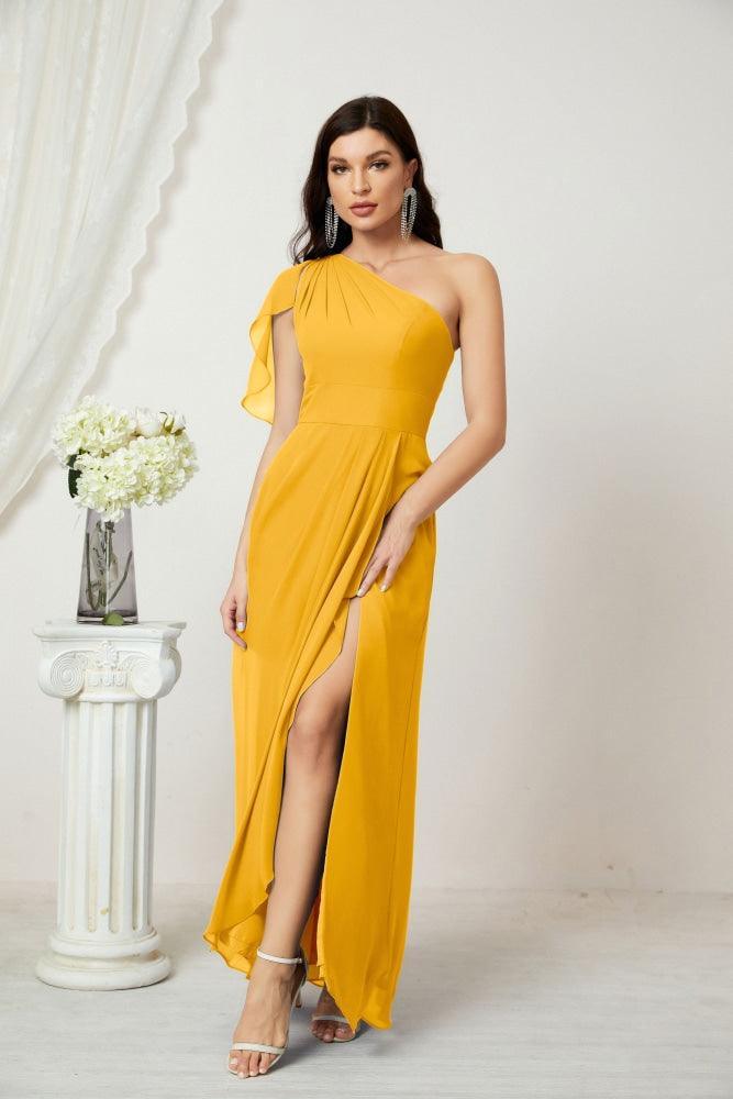 Numbersea  Chiffon Ruffled One Shoulder Long Bridesmaid Dresses A-line Formal Evening Gown Side Split 2809
