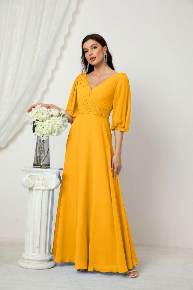 Numbersea  Formal Prom Gown Women V-Neck Chiffon Bridesmaid Dresses Long Bishop Sleeve Party Dress 2807