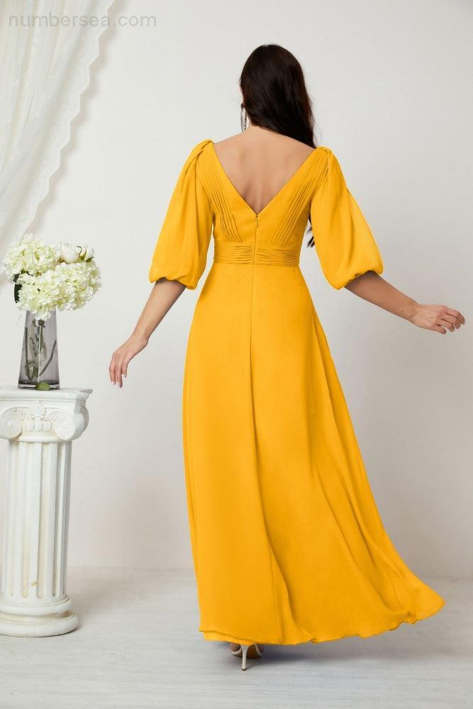 Numbersea  Formal Prom Gown Women V-Neck Chiffon Bridesmaid Dresses Long Bishop Sleeve Party Dress 2807