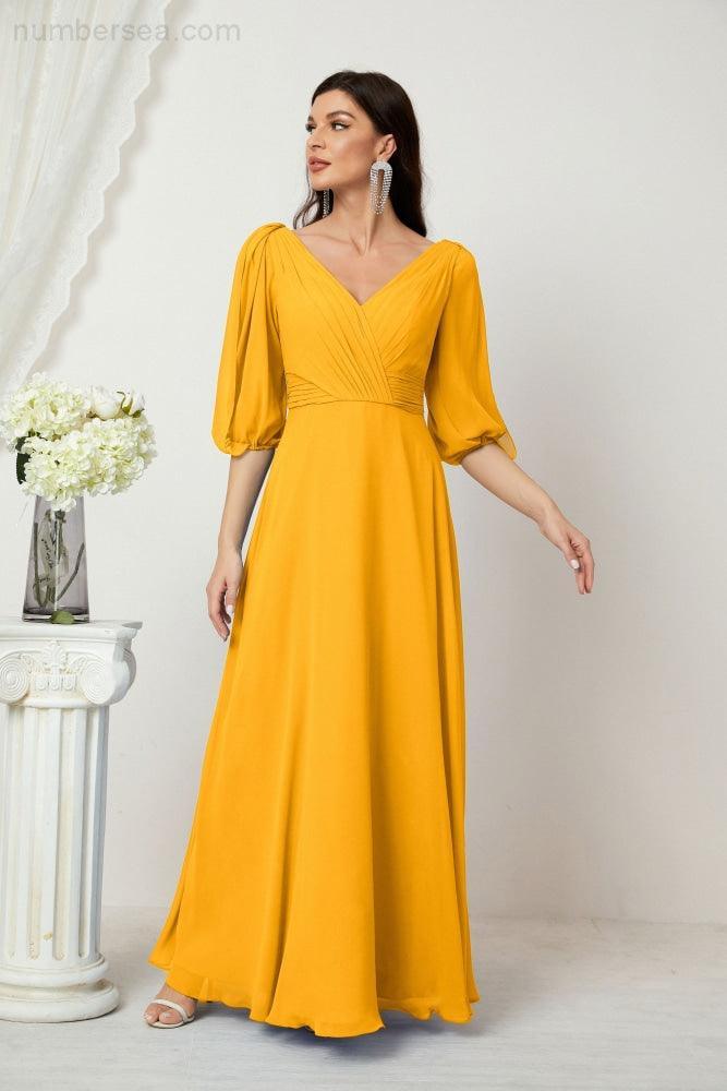 Numbersea  Formal Prom Gown Women V-Neck Chiffon Bridesmaid Dresses Long Bishop Sleeve Party Dress 2807
